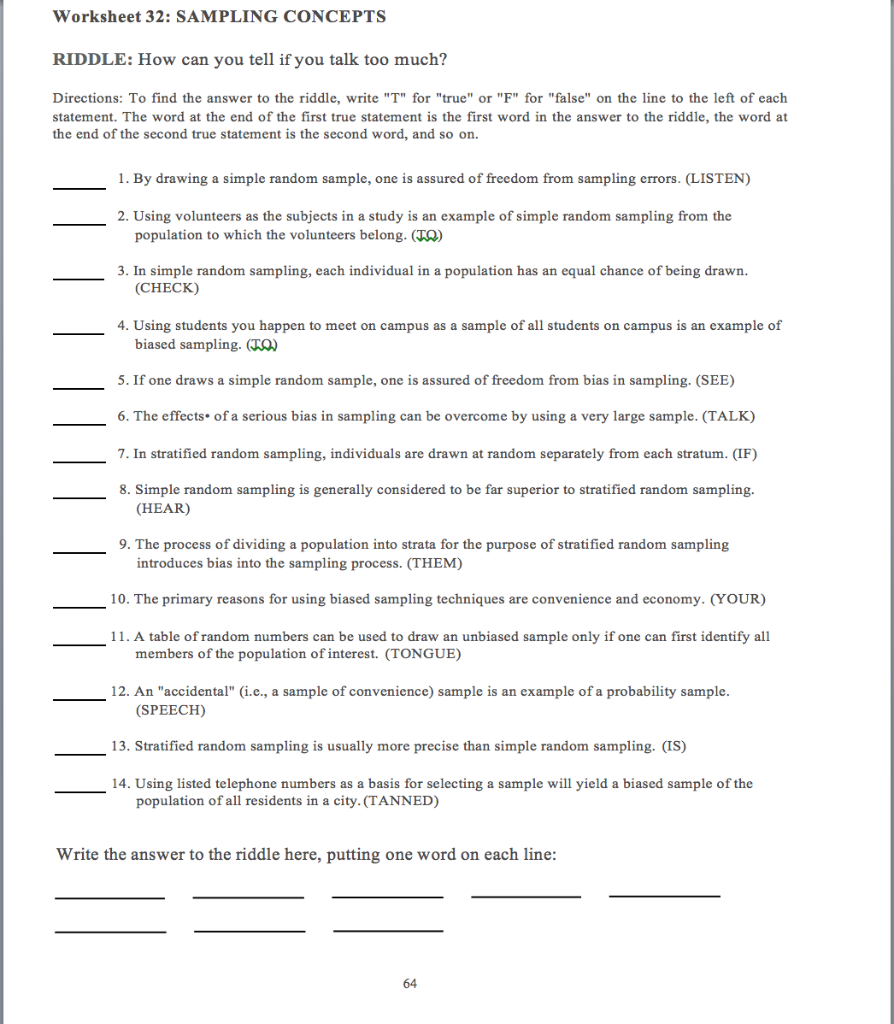 Solved Worksheet 32: SAMPLING CONCEPTS RIDDLE: How can you | Chegg.com ...