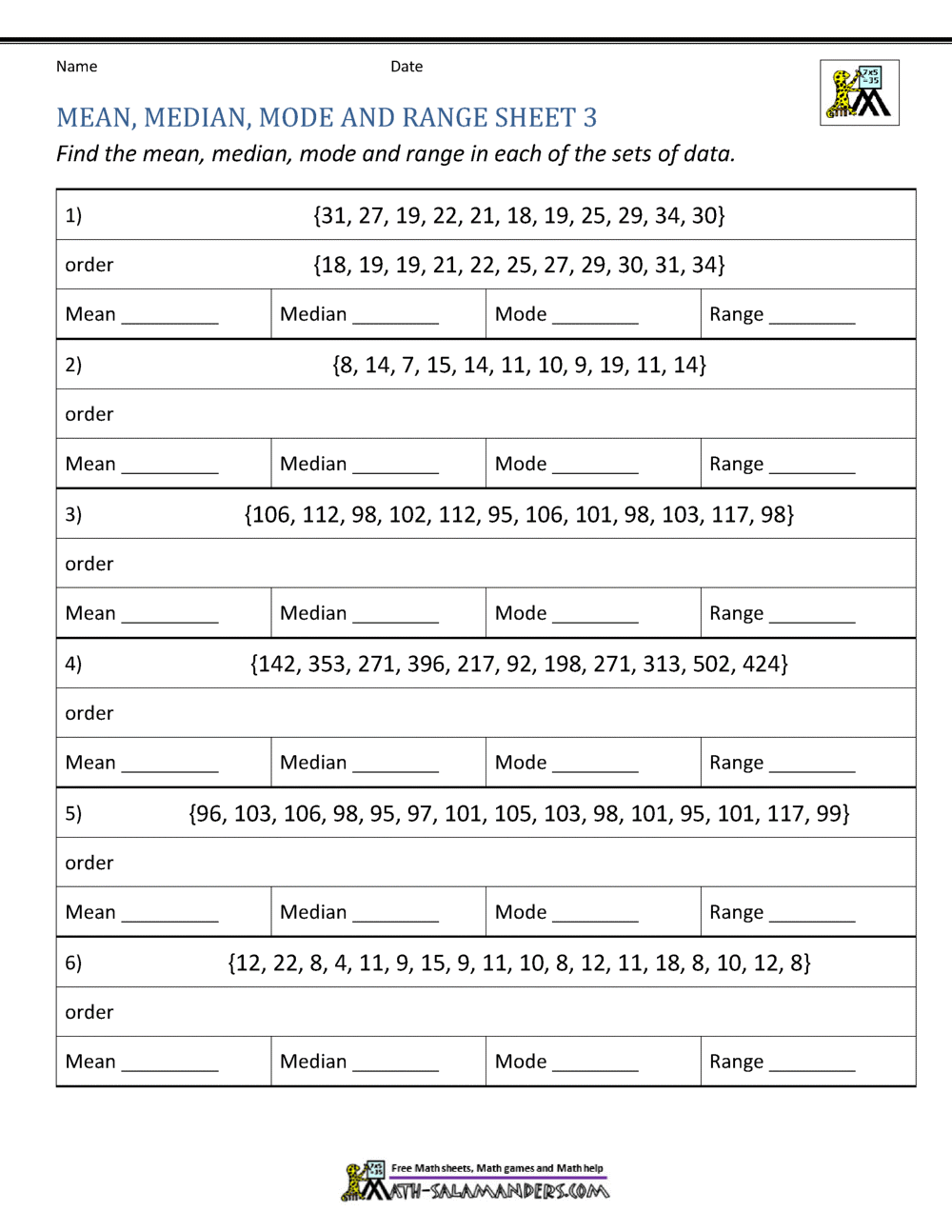 range median mode mean worksheet
