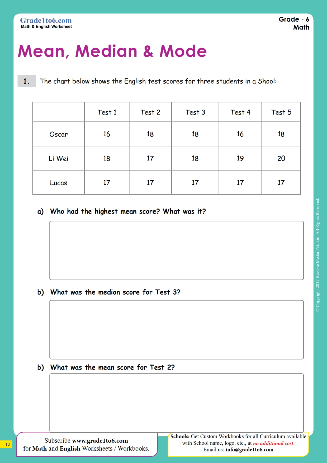 Mean, Median and Mode Worksheets | MYP 1 | Grade 6