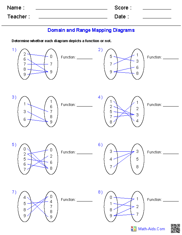 Algebra 1 Worksheets | Domain and Range Worksheets
