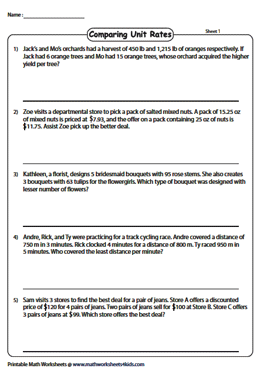 Rates and Unit Rates Worksheets with Word Problems