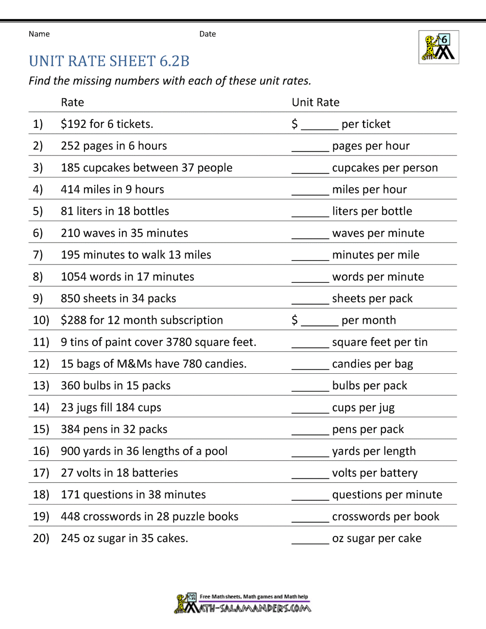 Unit Rate Problems 6th Grade