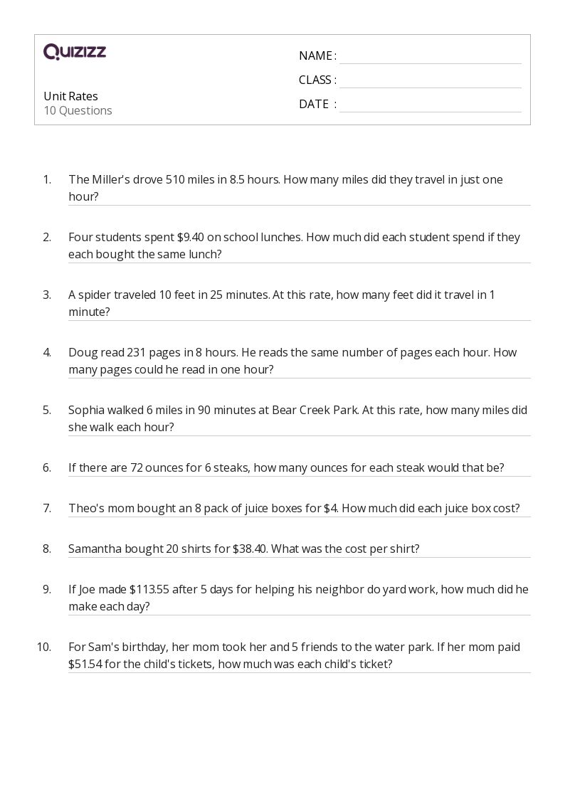 50+ Unit Rates worksheets for 6th Grade on Quizizz | Free &  Printable