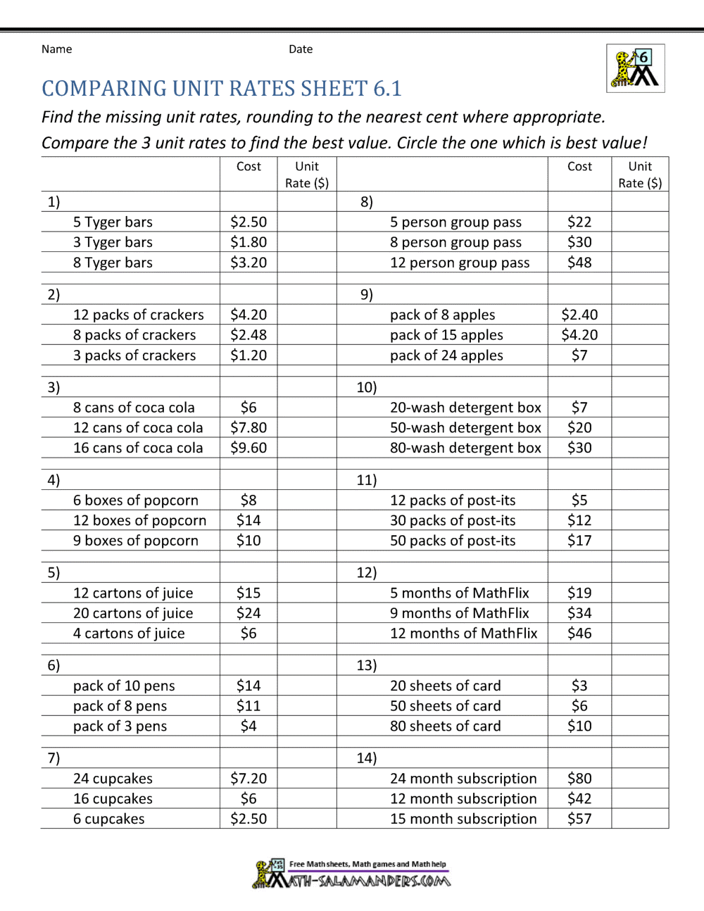 Unit Rate Problems 6th Grade