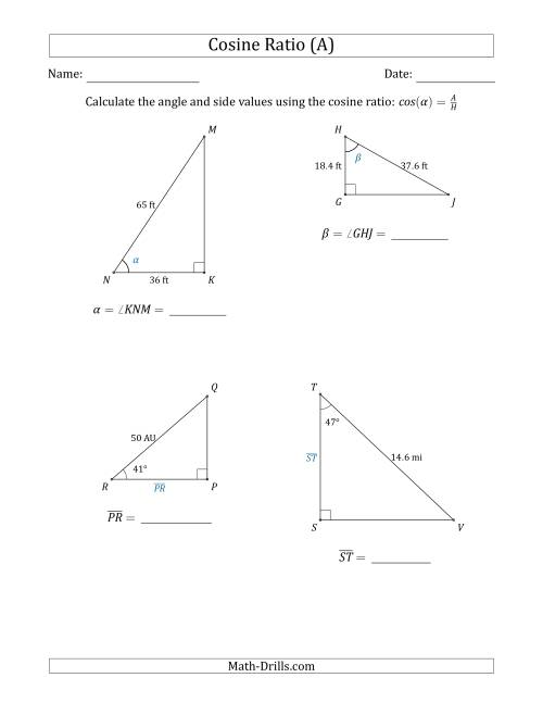 Calculating Angle and Side Values Using the Cosine Ratio (A)