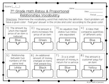 7th Grade Math Ratios &  Proportional Vocabulary Coloring Worksheet