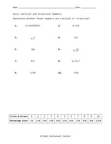 Rational and Irrational Numbers Worksheet for 8th - 9th Grade ...