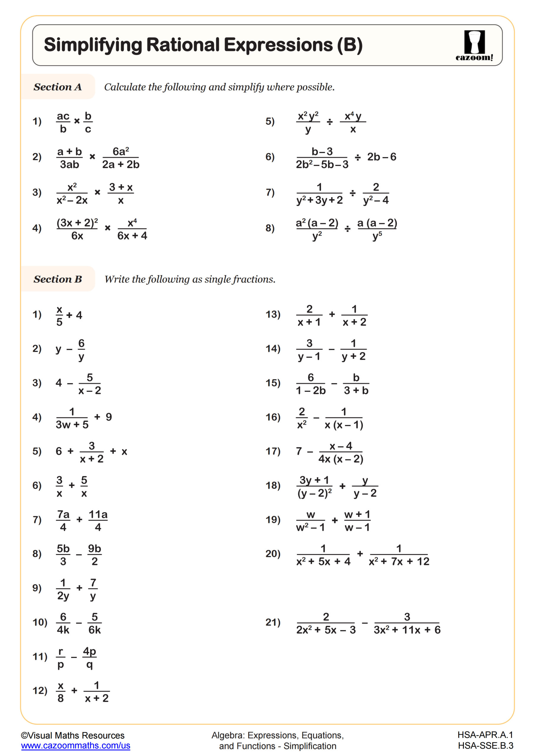 Simplifying Rational Expressions (B) Worksheet | PDF Printable ...