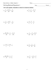 Solving Rational Equations 1 Worksheet for 8th - 9th Grade ...
