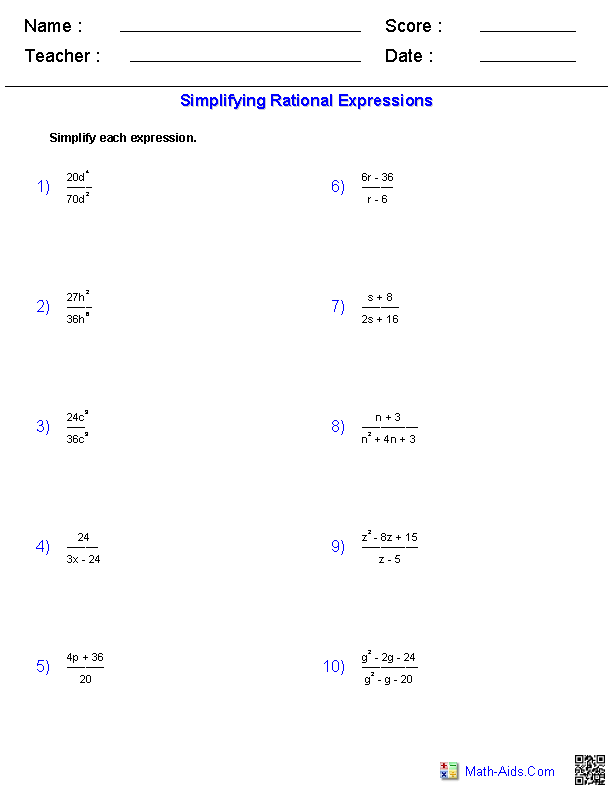 Algebra 1 Worksheets | Rational Expressions Worksheets