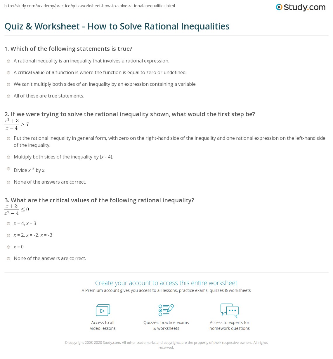 Quiz & Worksheet - How to Solve Rational Inequalities | Study.com ...