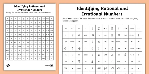 rational numbers and irrational numbers worksheet