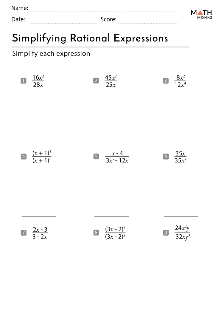 Simplifying Rational Expressions Worksheets - Math Monks - Worksheets ...
