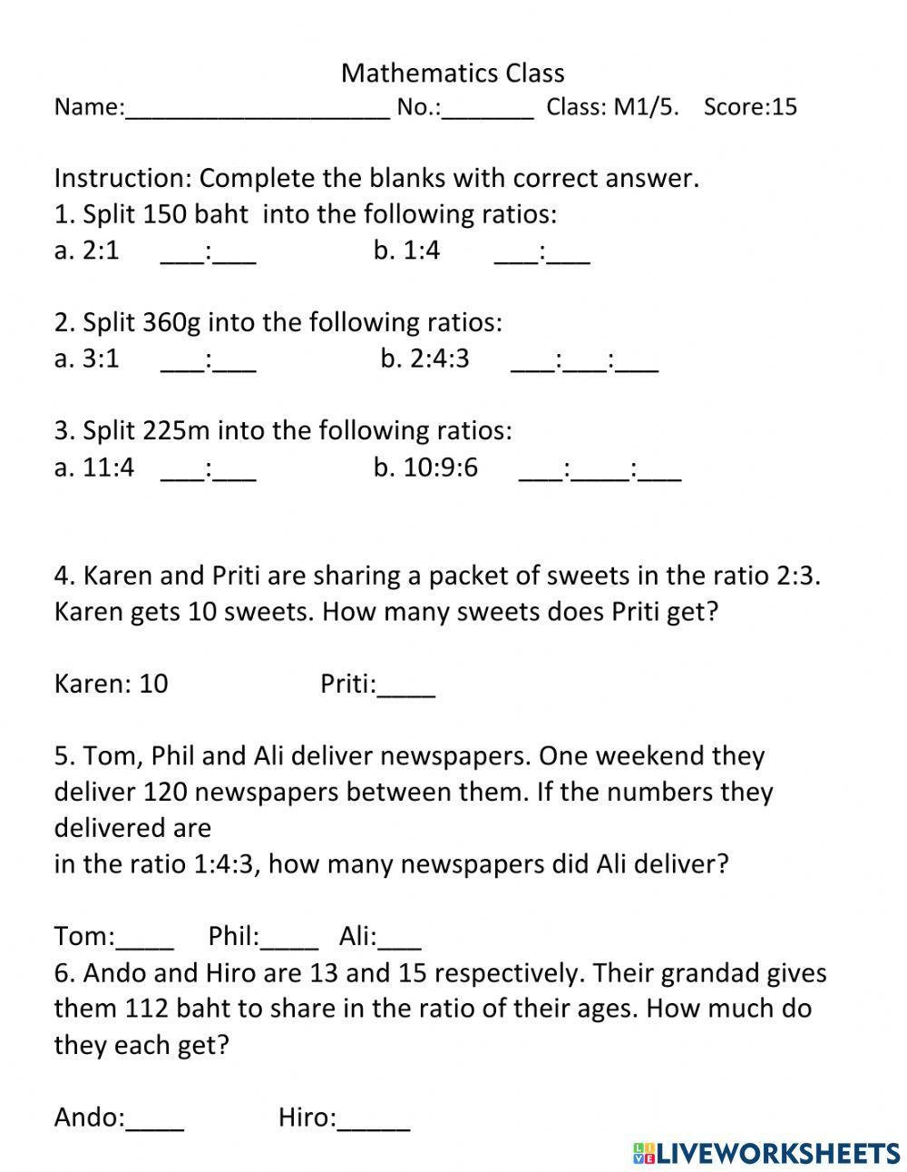 Ratio online pdf worksheet for grade 6  