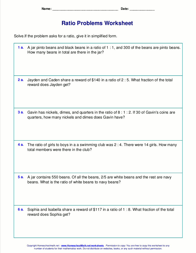 Free worksheets for ratio word problems