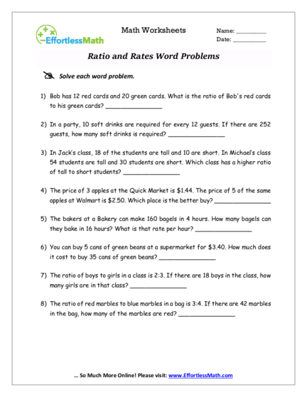 Ratio and Rates Word/Story Problems