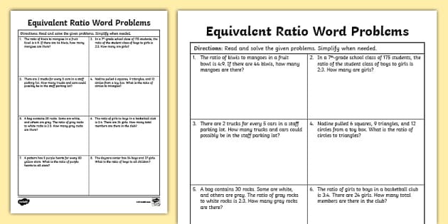 Seventh Grade Equivalent Ratio Word Problems (teacher made)