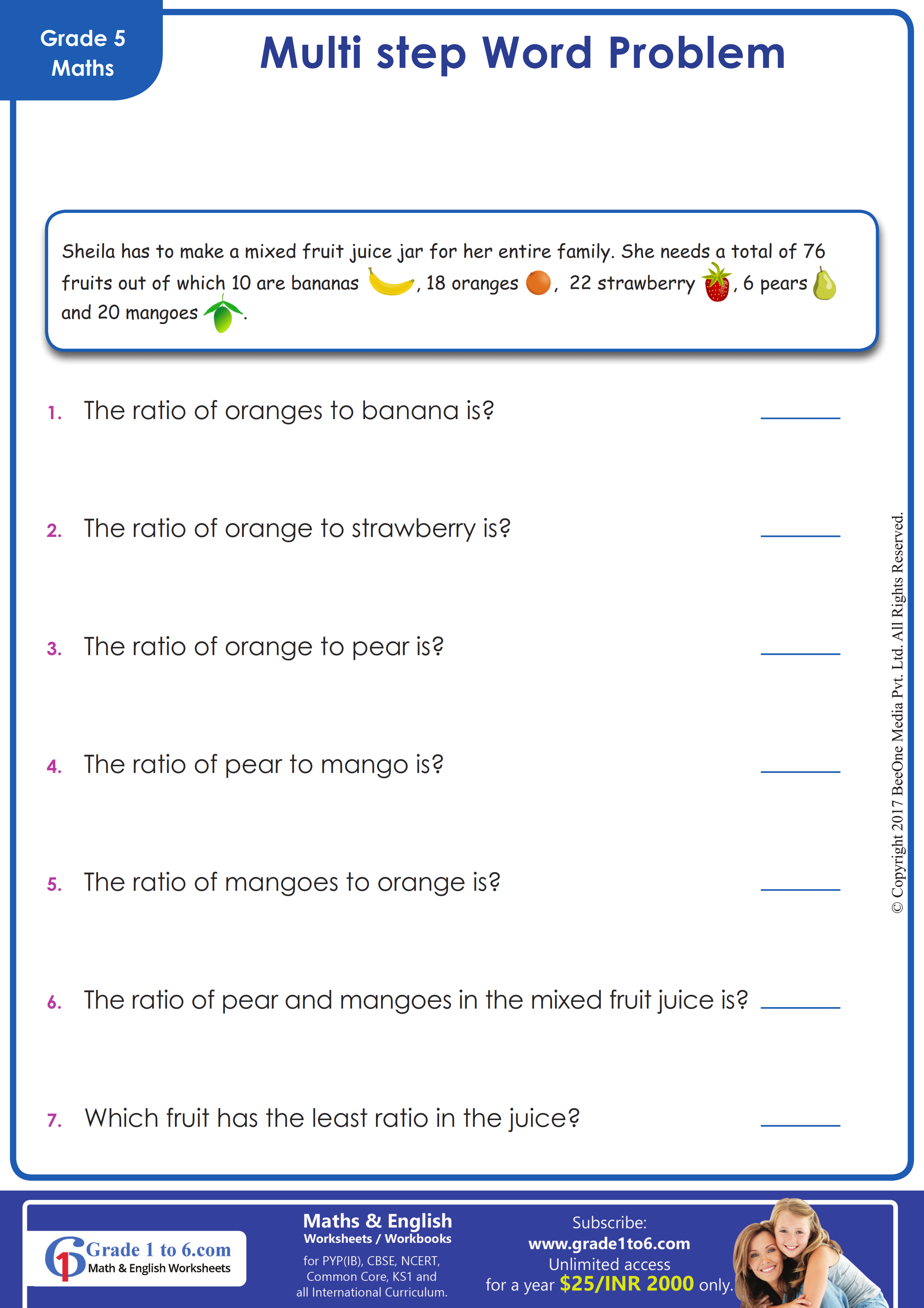 Ratio and Proportion word problems worksheet for PYP, Grade 5