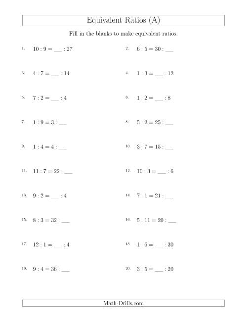Equivalent Ratios with Blanks (only on right) (A)