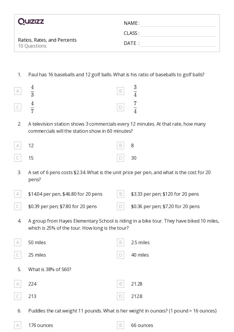 50+ Percents, Ratios, and Rates worksheets for 6th Grade on ...