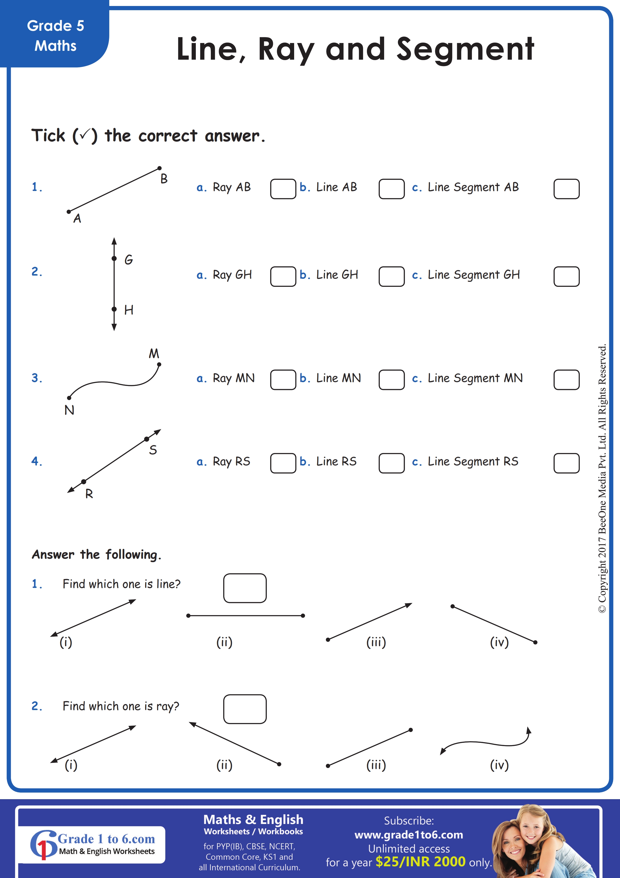 Point, Line, Ray and Segment Worksheet Grade1to6 Worksheets Library
