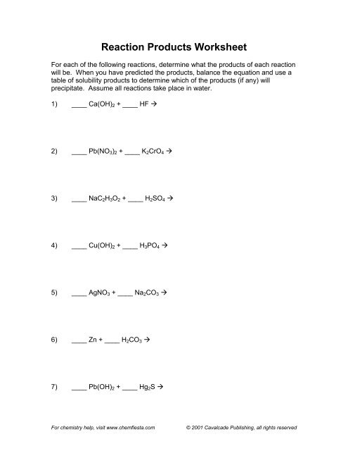 reaction products worksheet answers