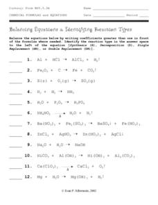 Balancing Equations and Identifying Reaction Types Worksheet for ...