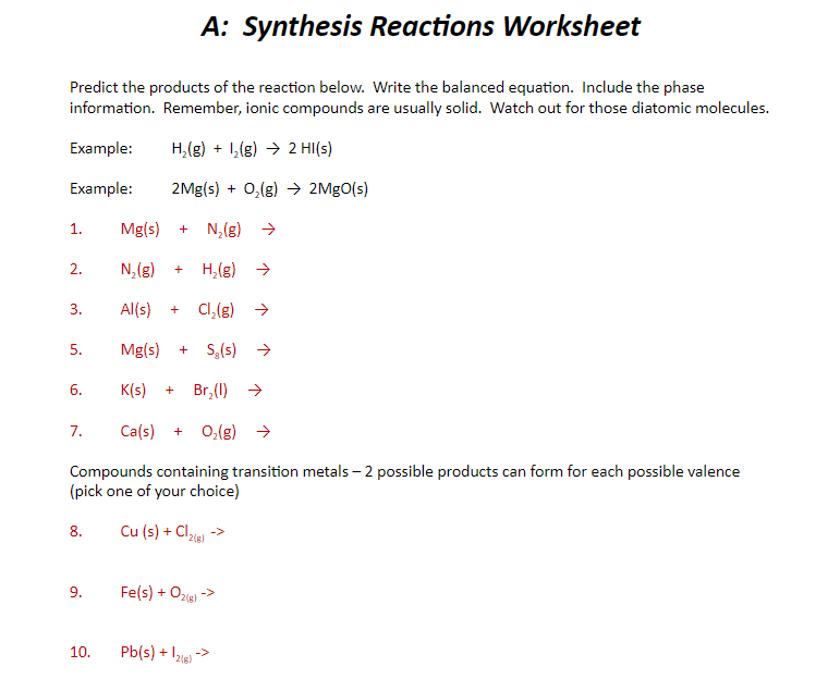 reaction worksheet with answers