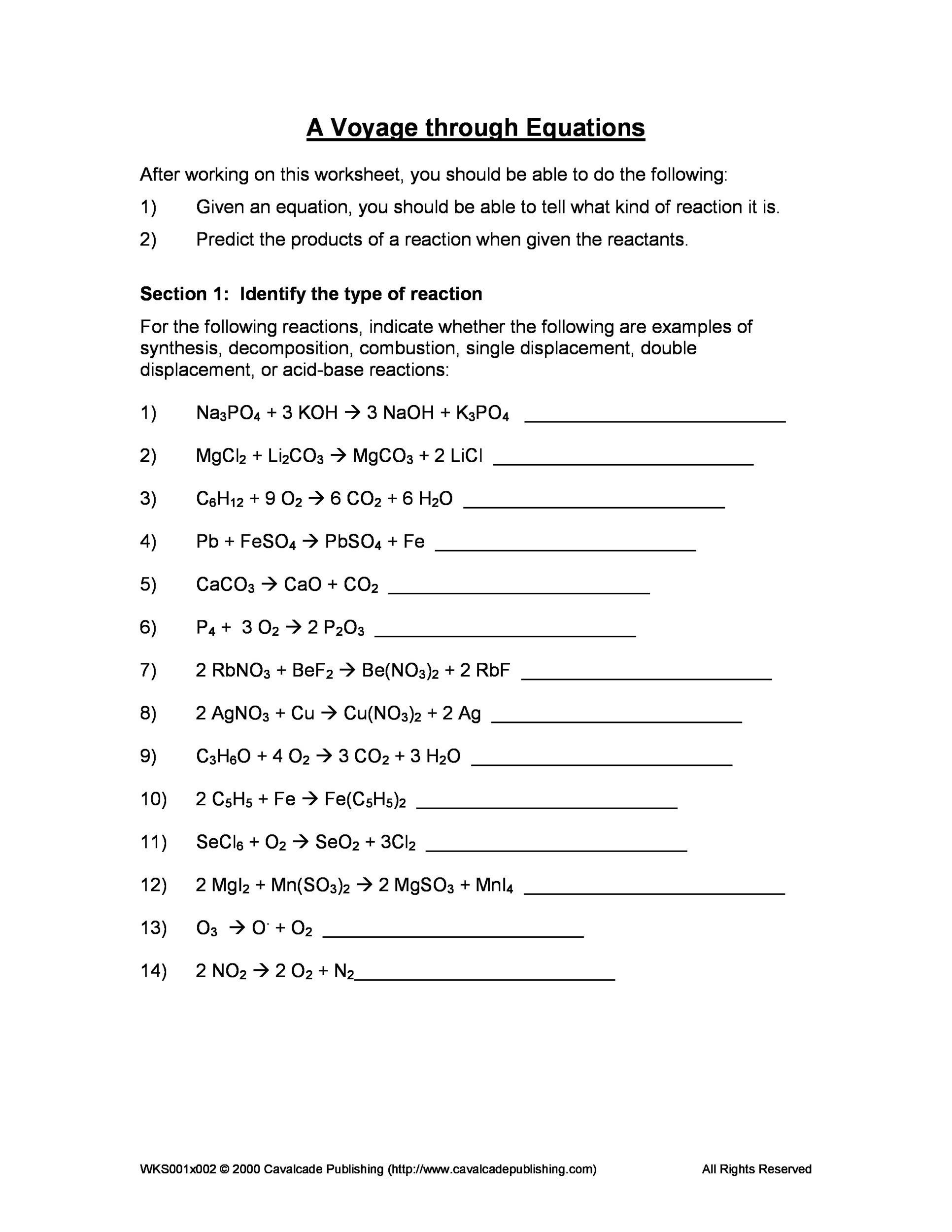 reaction worksheet with answers