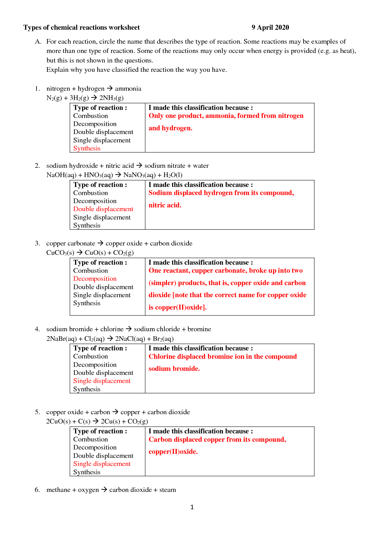 SOLUTION: Types of chemical reactions worksheet ANSWERS - Studypool