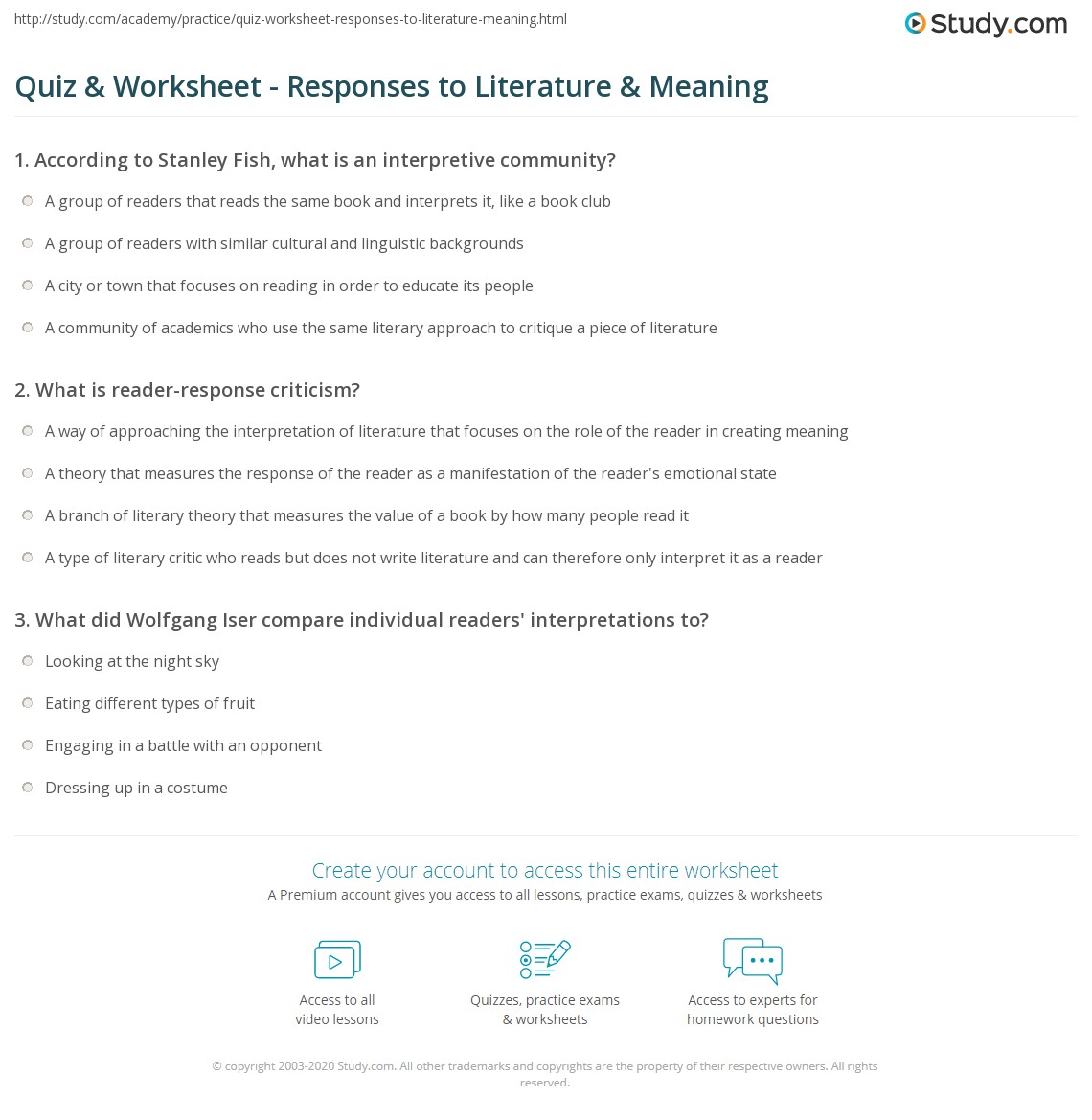 Quiz &  Worksheet - Responses to Literature &  Meaning | Study.com