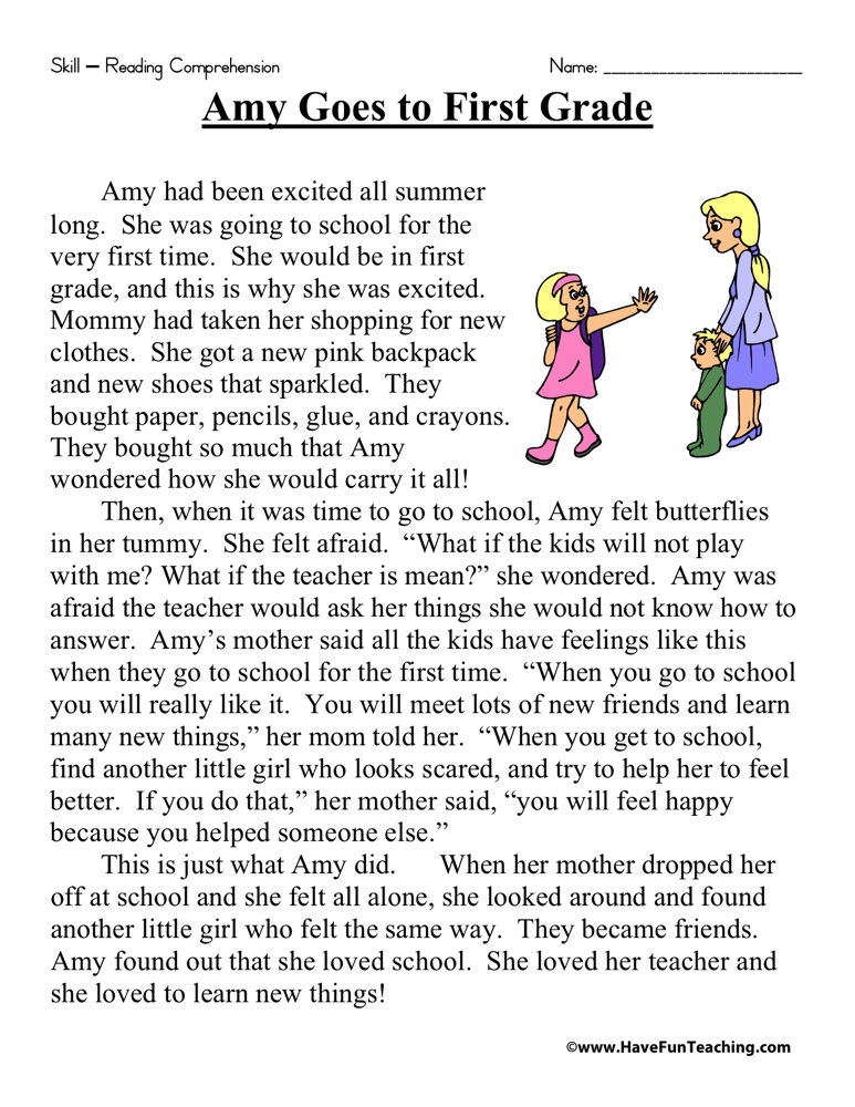 Amy Goes to First Grade Reading Comprehension Worksheet - Have Fun ...