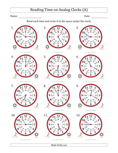 Reading 24 Hour Time on Analog Clocks in 15 Second Intervals (12 ...