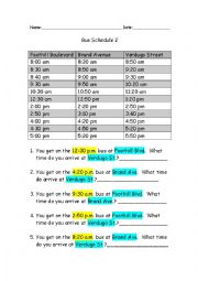 Reading a Bus Schedule - ESL worksheet by melodyioele