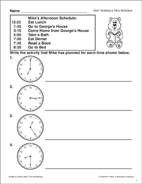 Reading a Schedule: Time Skills (Grades 1-3) | Printable Skills Sheets