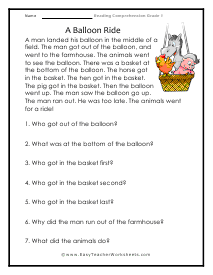 reading and comprehension worksheet for grade 1
