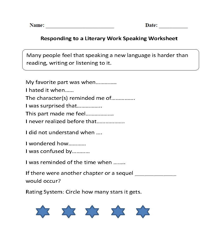 Speaking Worksheets | Responding to Literary Work Speaking Worksheets