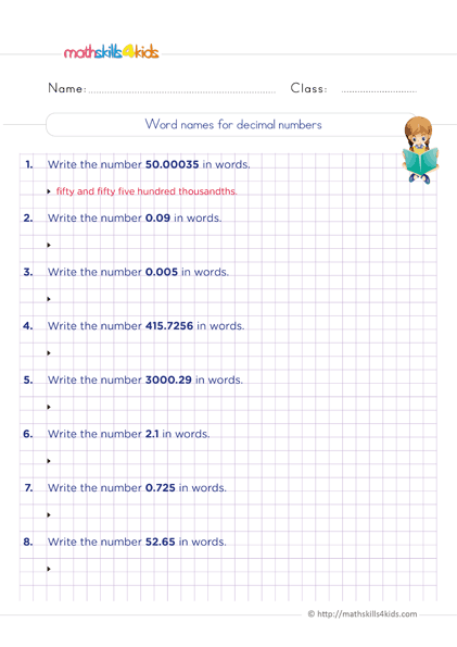 reading and writing decimals worksheet