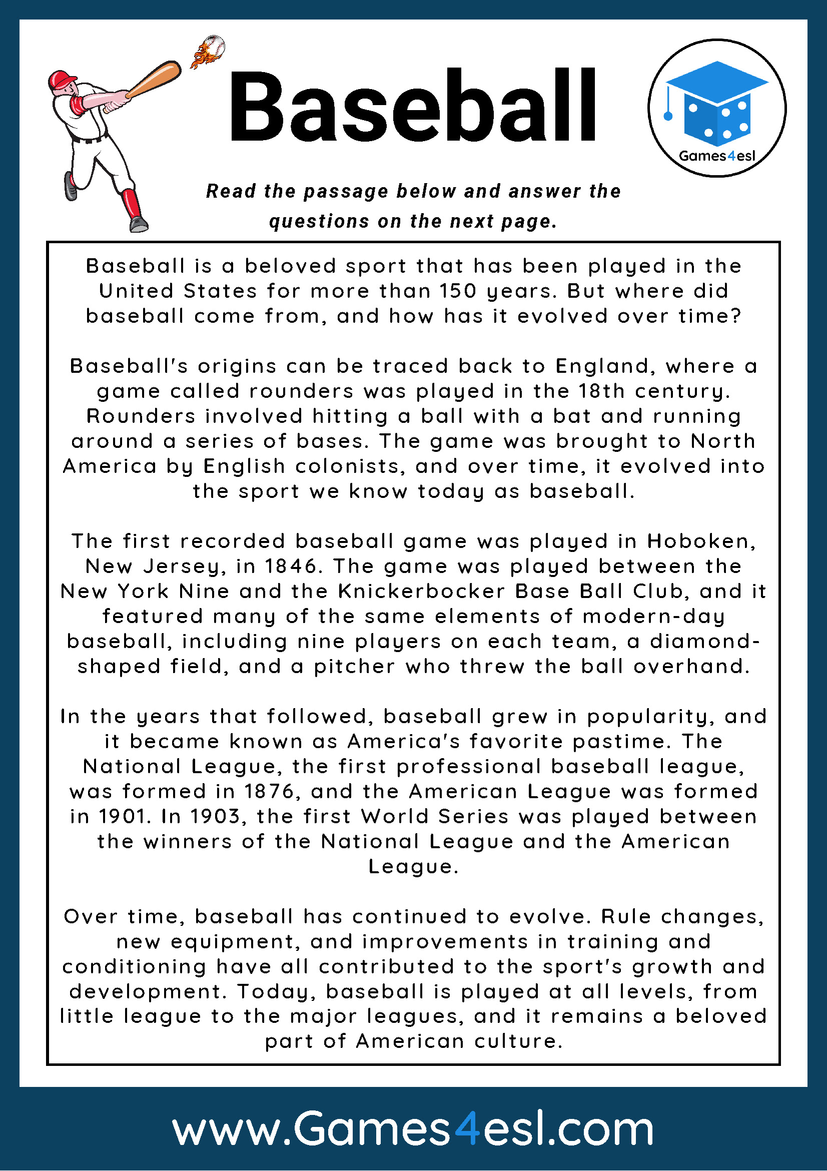 Baseball Reading Comprehension Worksheet | Games4esl