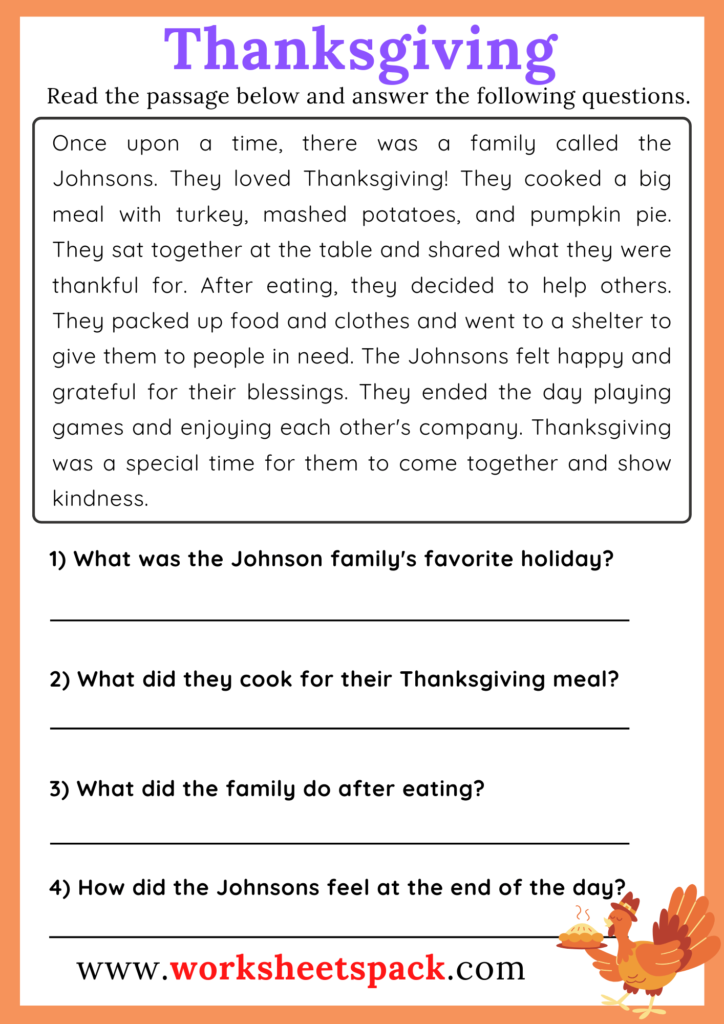 Thanksgiving Reading Comprehension Passage - worksheetspack