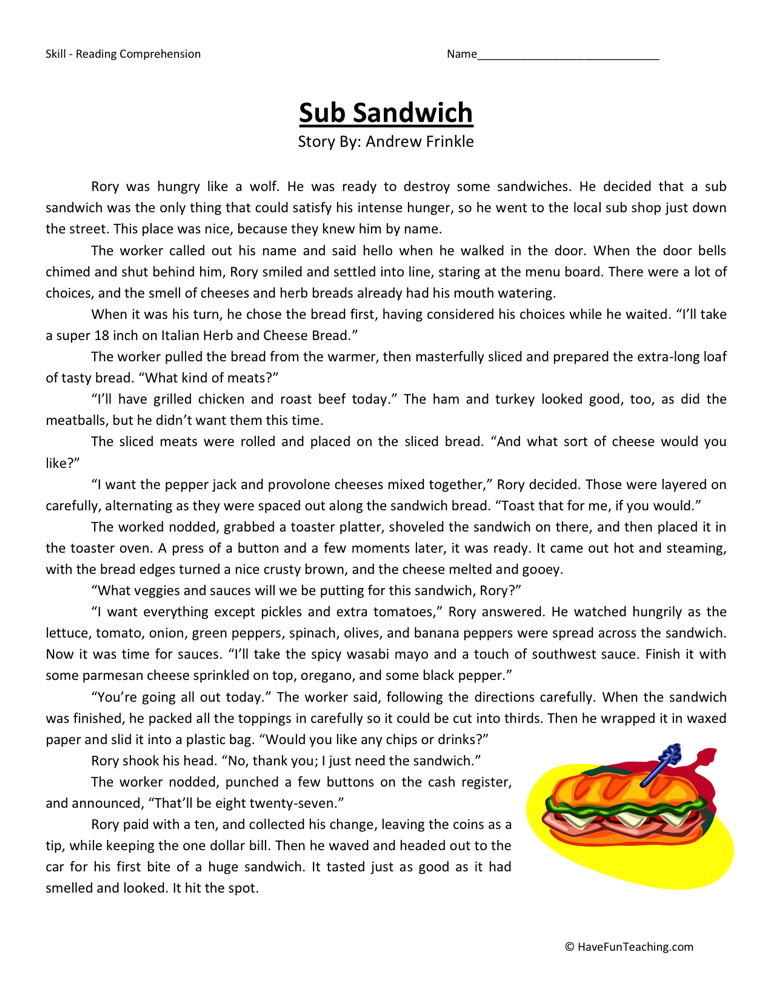 Reading Comprehension Worksheet - Sub Sandwich