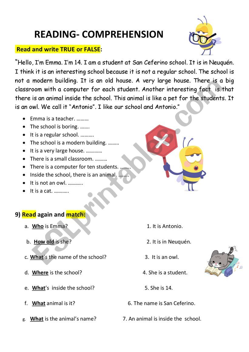 reading comprehension and questions worksheet