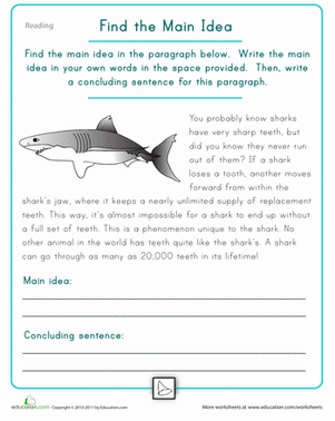 reading comprehension main idea worksheet