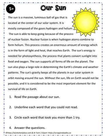 Reading Comprehension About the Sun Worksheets