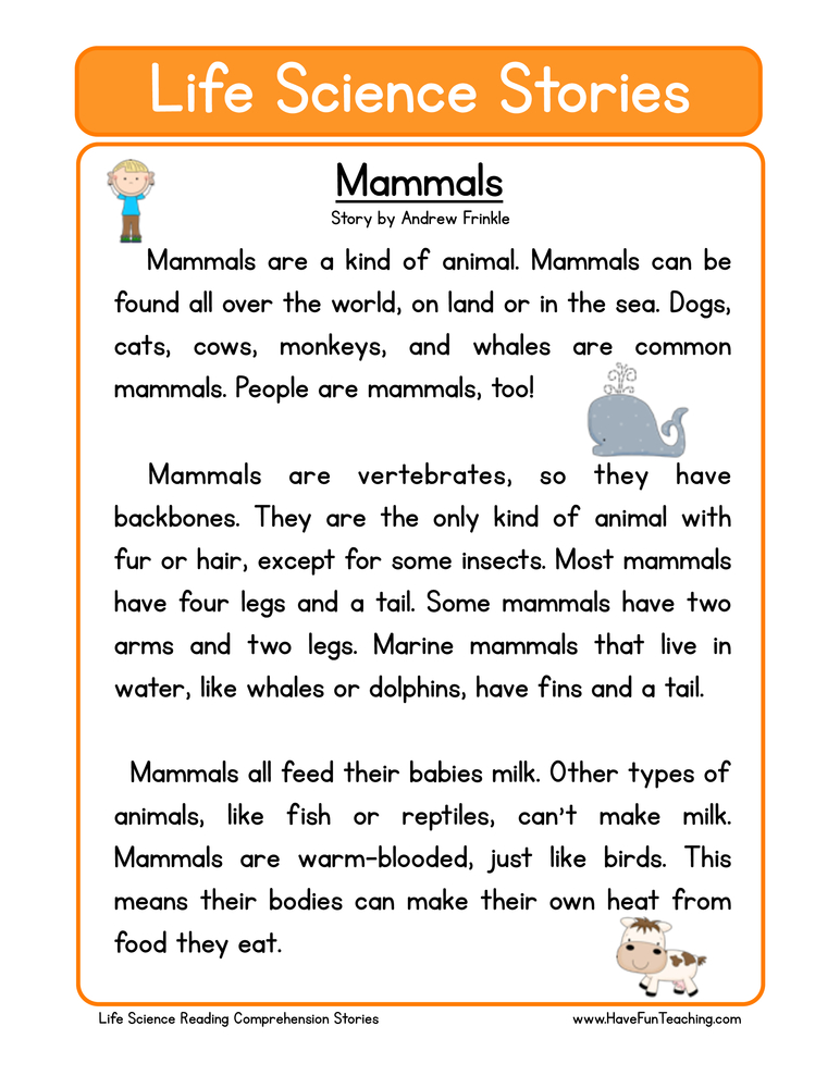 Mammals Life Science Reading Comprehension Worksheet - Have Fun ...