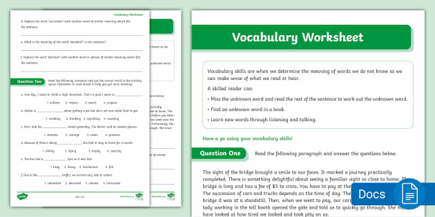 reading comprehension vocabulary worksheet