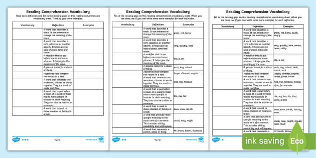 Reading Comprehension Vocabulary Worksheets | Year 3-6
