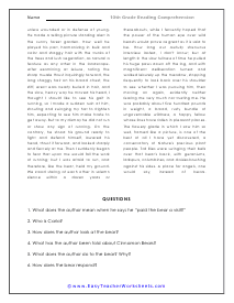 10th Grade Reading Comprehension Worksheets Worksheets Library