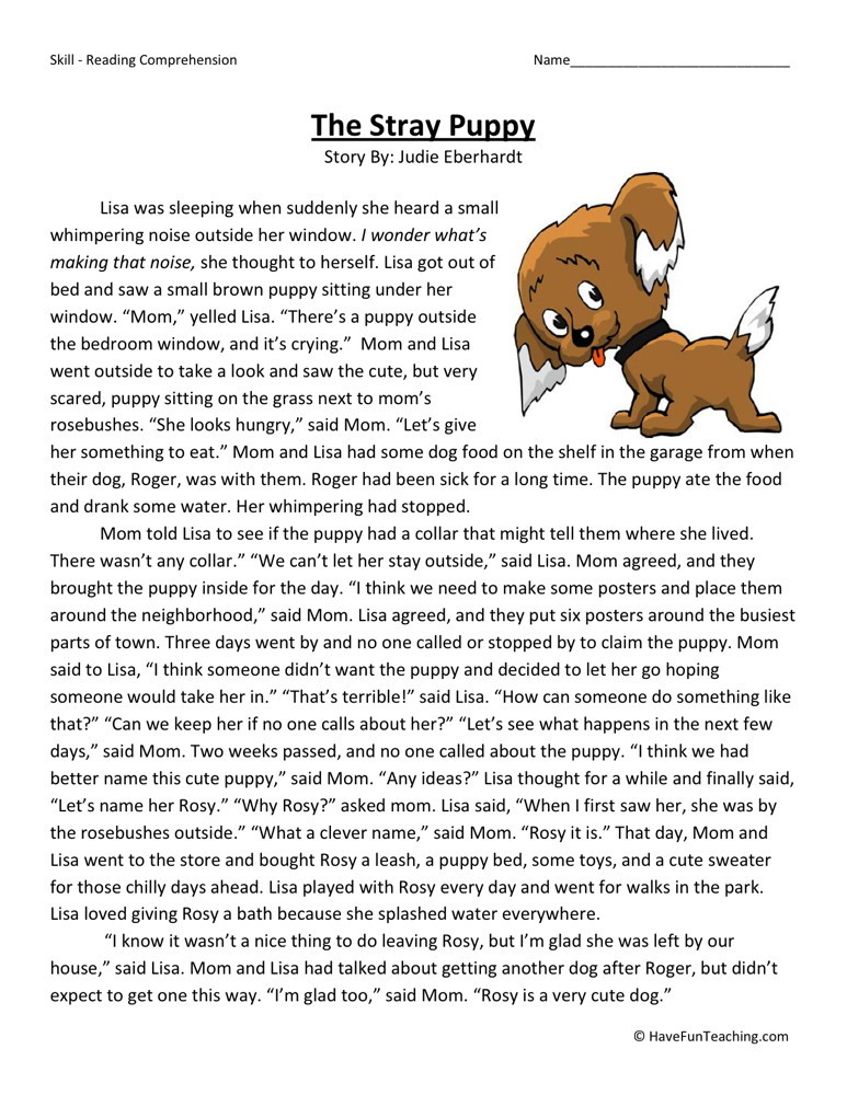 Reading Comprehension Worksheet - The Stray Puppy