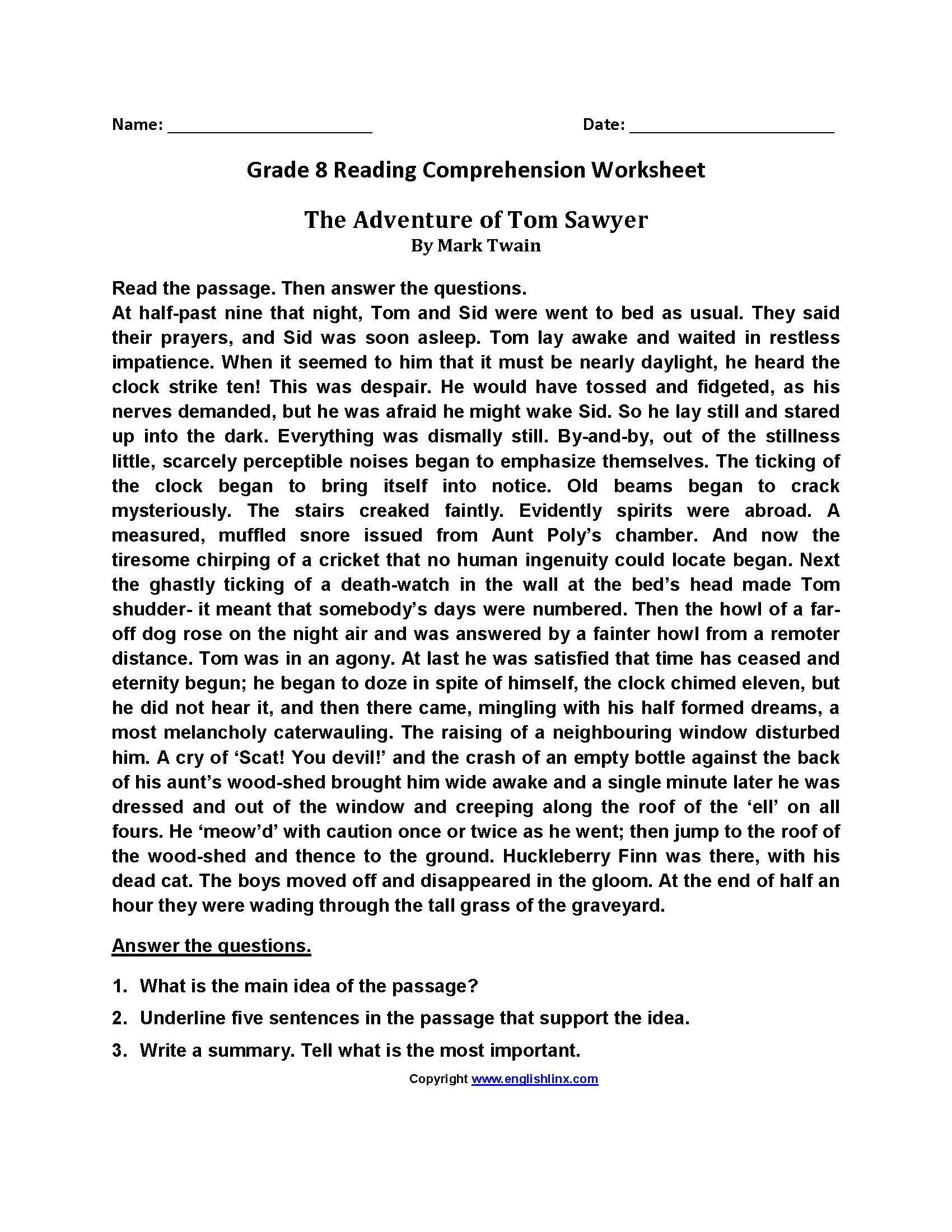 reading comprehension worksheet 8th grade